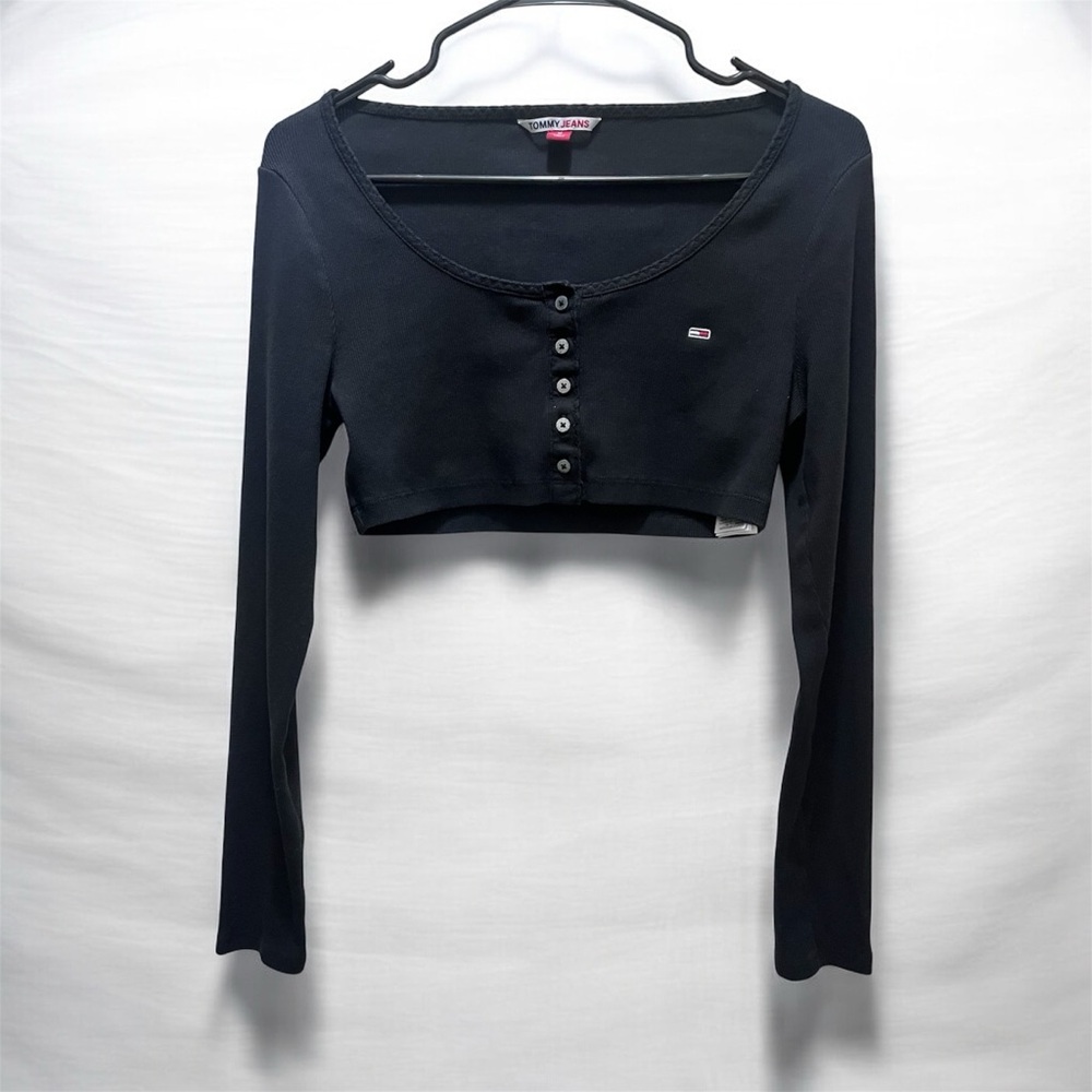 Tommy Hilfiger Black Micro Crop Long Sleeve Henley